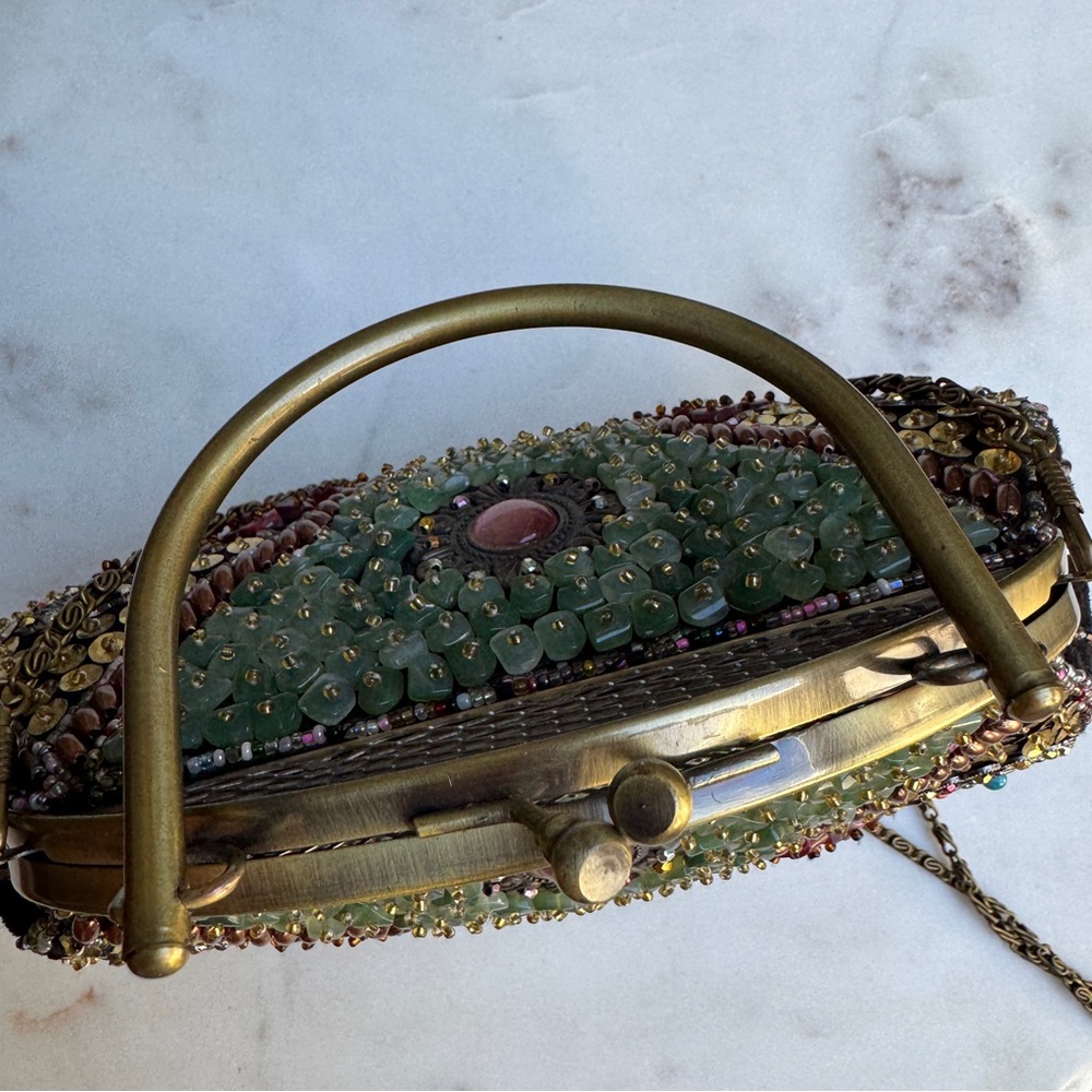 Vintage Handmade 1920s Style Beaded Stone Brass Kisslock Chain Shoulder Bag - Picture 5 of 12
